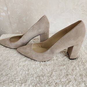 Marc Fisher Neutral Taupe Suede Pointed Block Heel Pumps